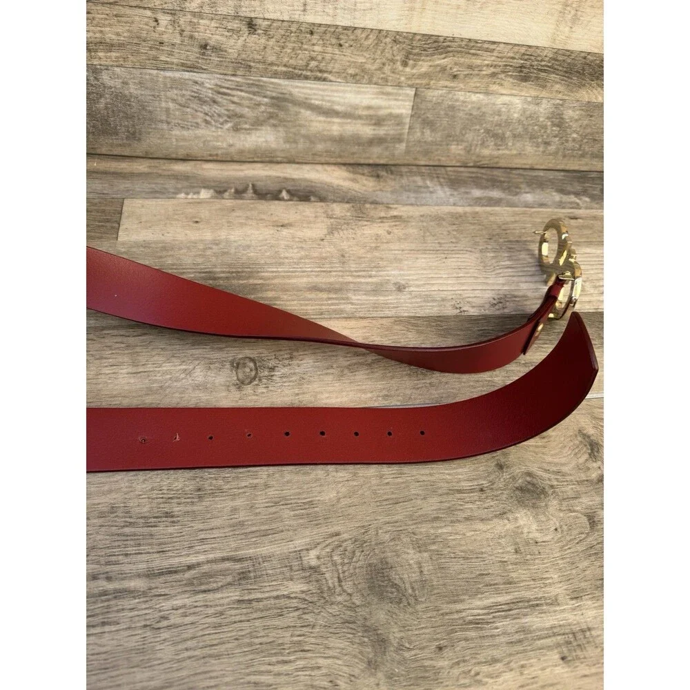 Salvatore Ferragamo Red Leather Belt Gold Gancini Buckle Size 46 Italy